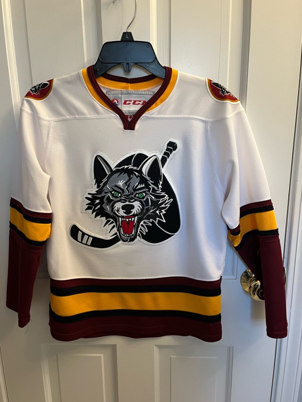 CCM Chicago Wolves- White, Maroon and Gold Hockey Jersey with Wolf Crest